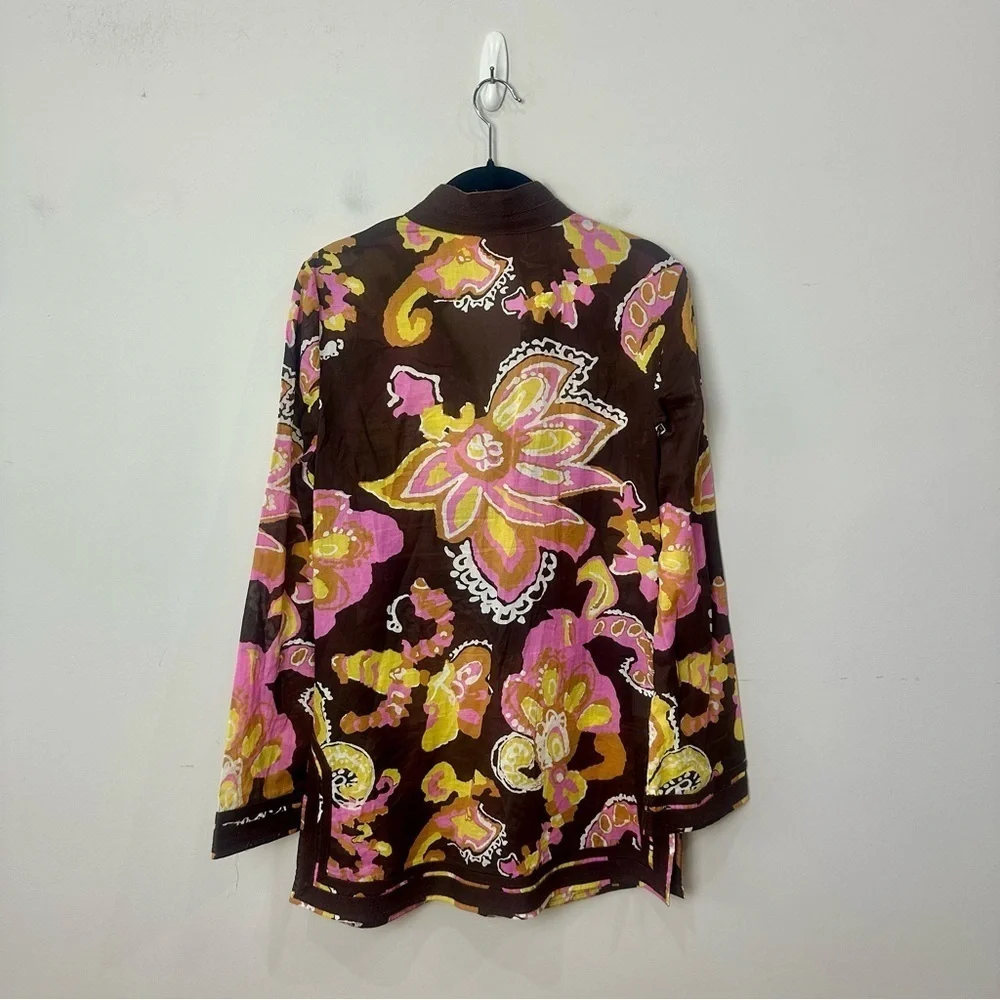 Tory Burch Cotton Tunic Batik Floral Brown Pink